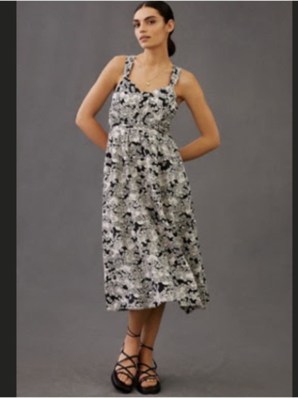 Anthropologie Black Floral-Print Sleeveless Midi Dress